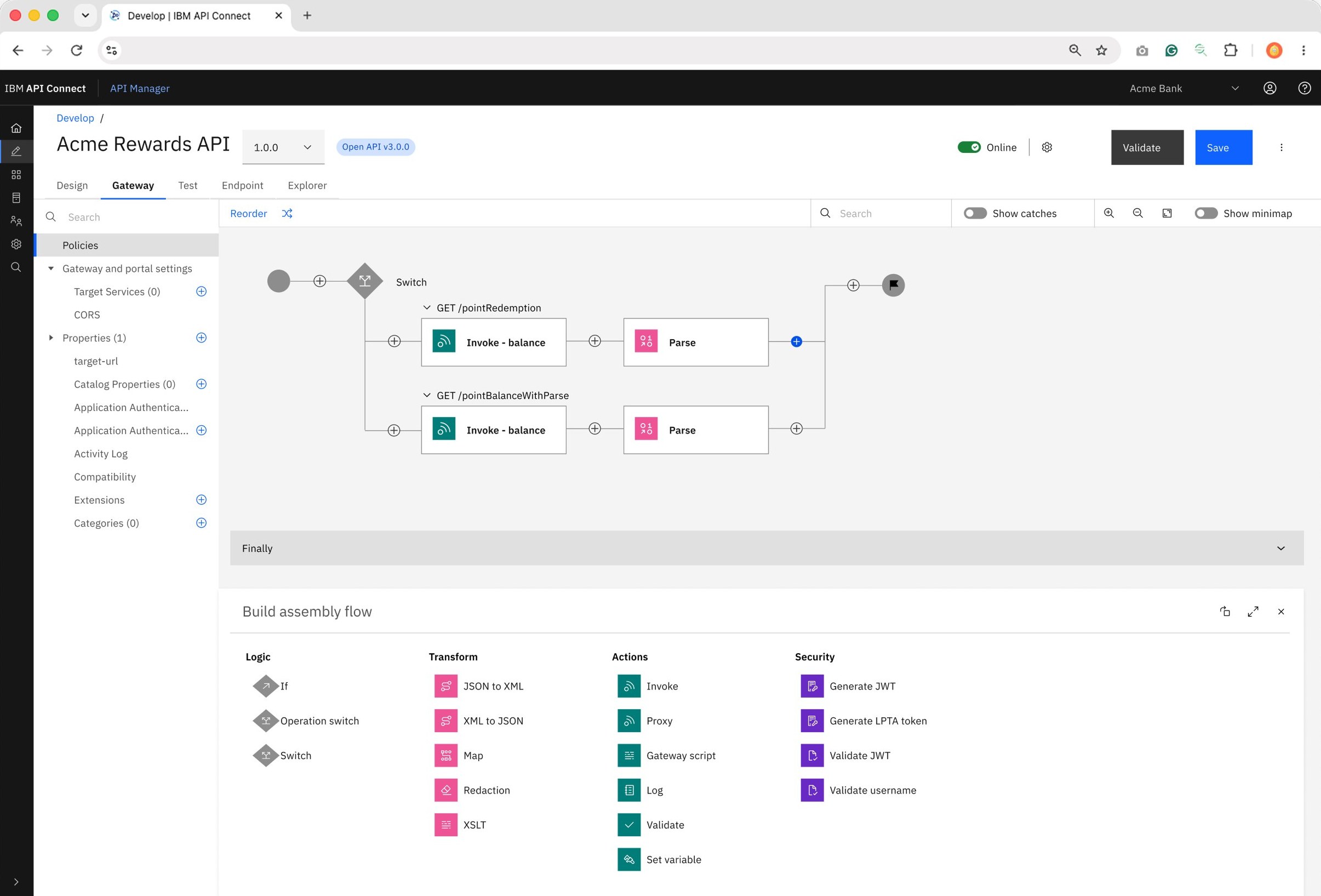 API Connect assembly editor rebuilt on Carbon, with the policy palette open below the flow