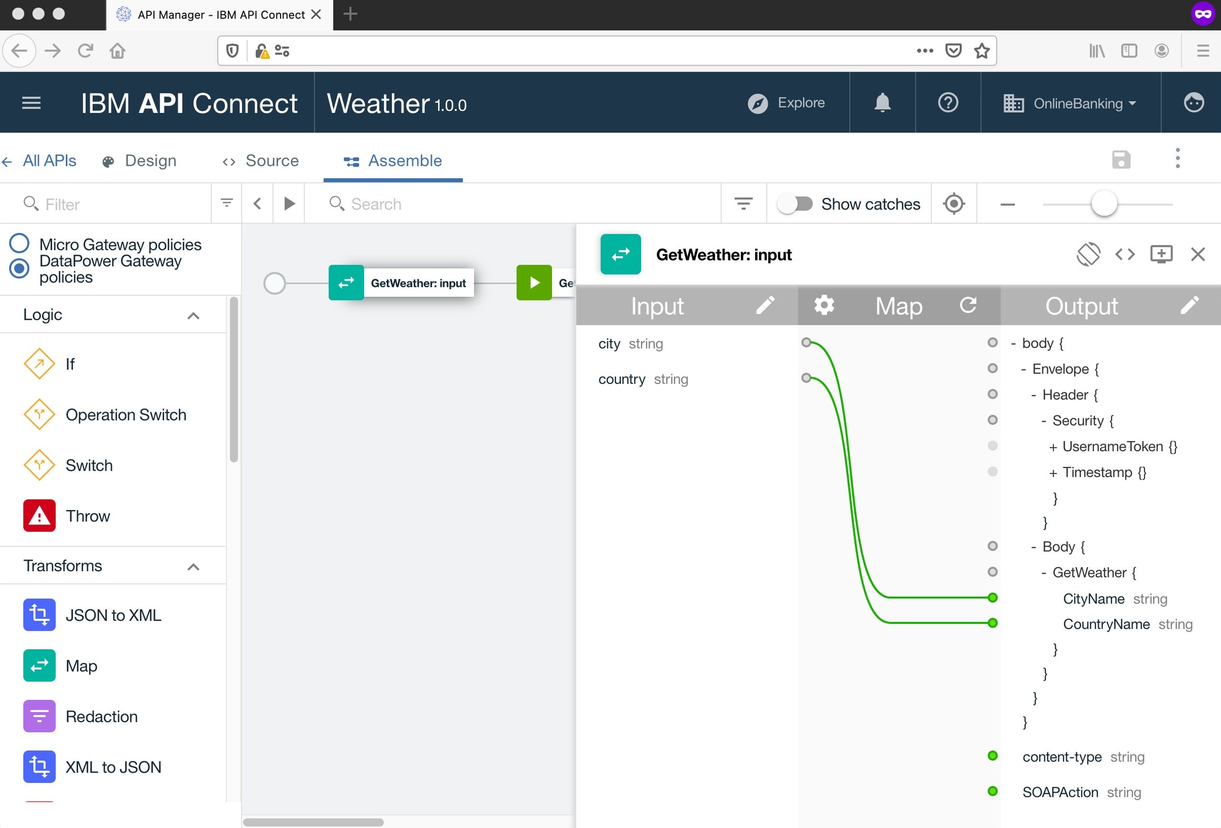 API Connect V6 assembly editor, built on Material Design, with a map policy open