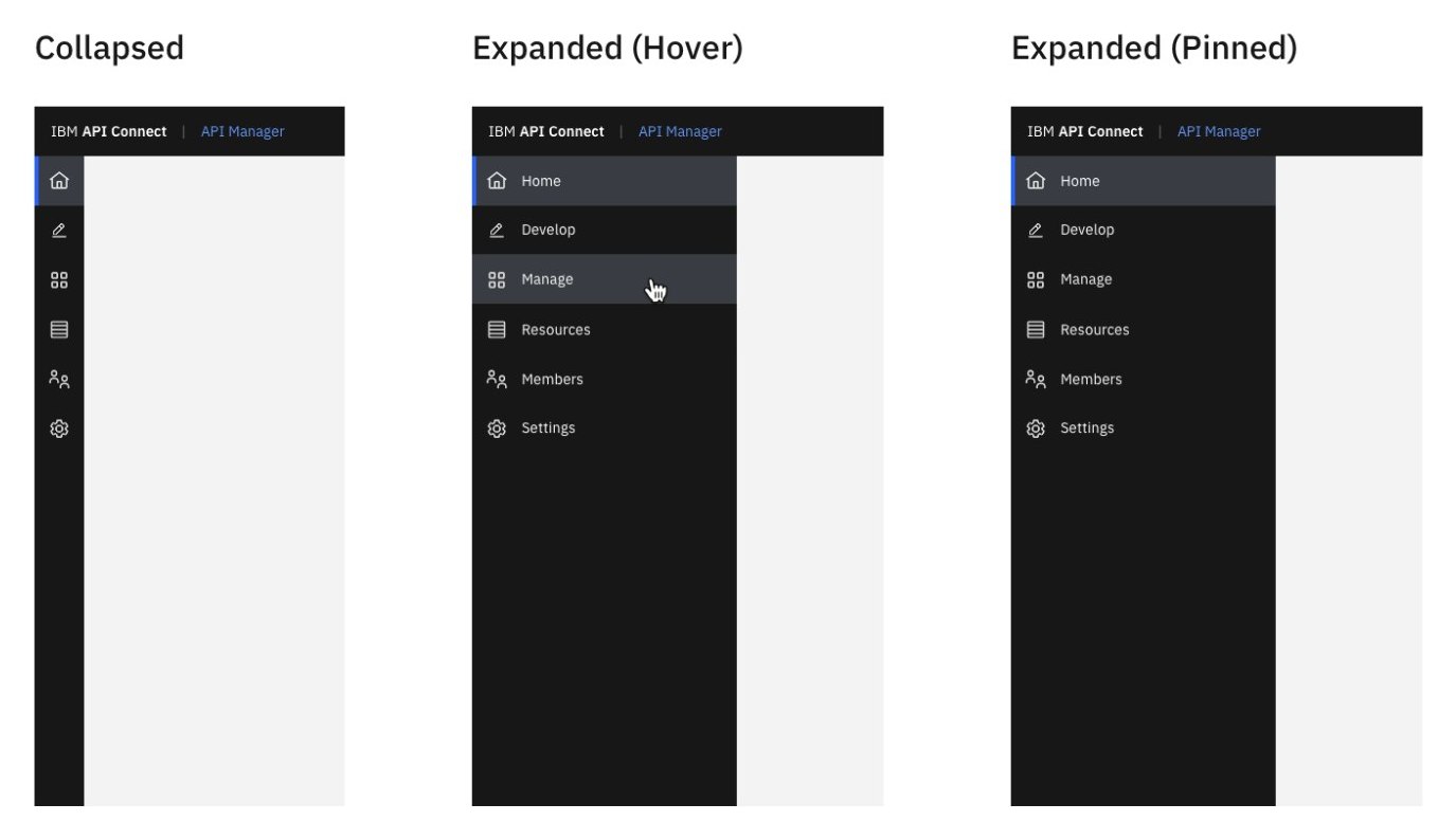 Side navigation in collapsed, hover-expanded and pinned states