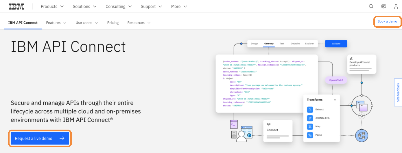 API Connect product page after: the main button reads Request a live demo, and Try free is gone from the top navigation