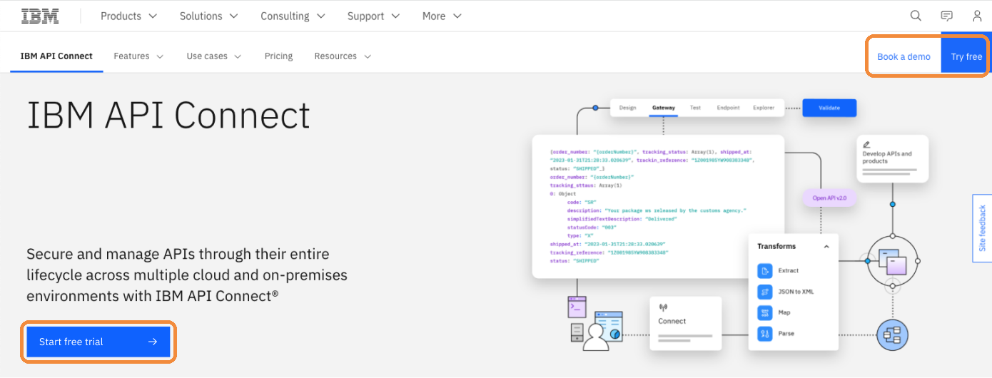 API Connect product page before: the main button reads Start free trial, with Try free in the top navigation