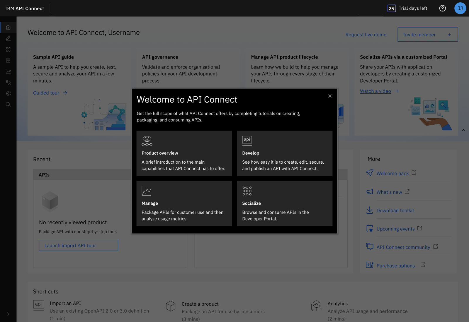 API Connect home page with the Welcome to API Connect guided tour menu open, offering four tutorials: Product overview, Develop, Manage and Socialize