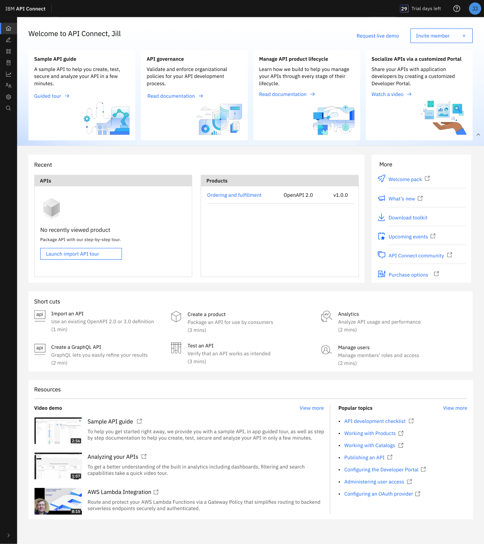 API Connect trial homepage after the redesign: guided starting points, shortcuts and resources